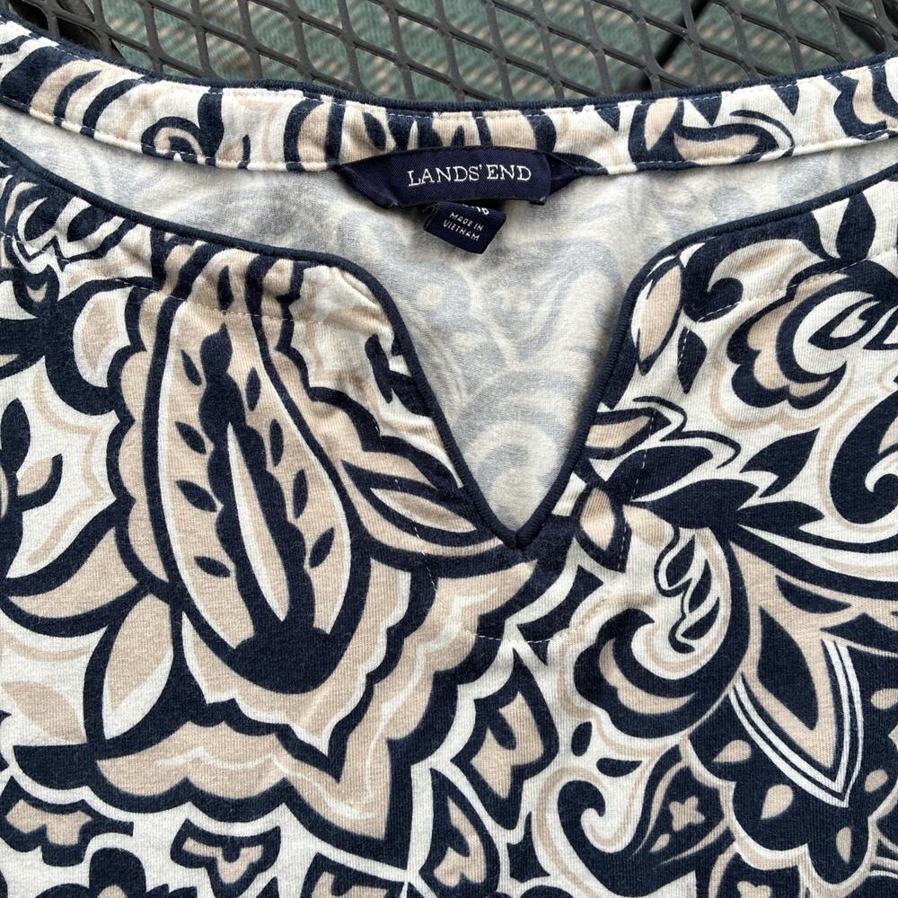 Lands End Paisley Blouse Women's Large Blue V‎ Neck Tunic Pullover 3/4 Sleeve